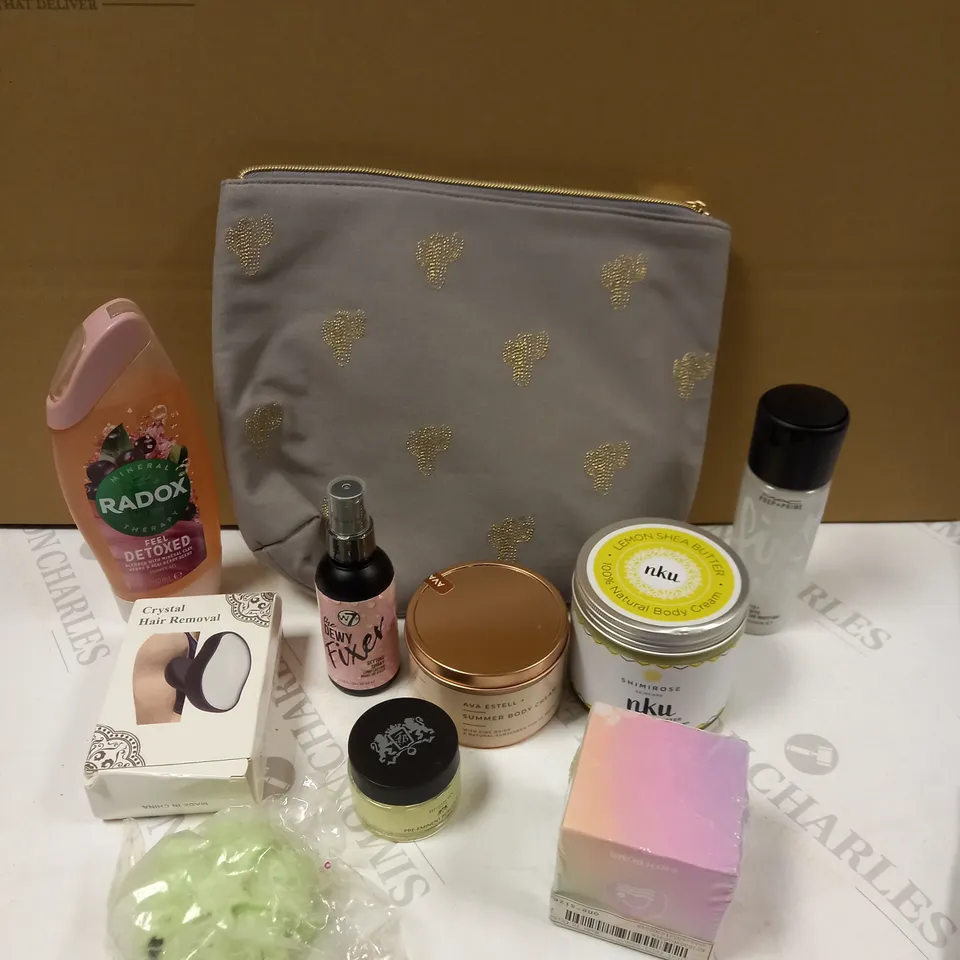 LOT OF APPROXIMATELY 10 ASSORTED COSMETIC ITEMS TO INCLUDE NKU LEMON SHEA BUTTER, AVA ESTELL SUMMER BODY CREAM, CRYSTAL HAIR REMOVER ETC
