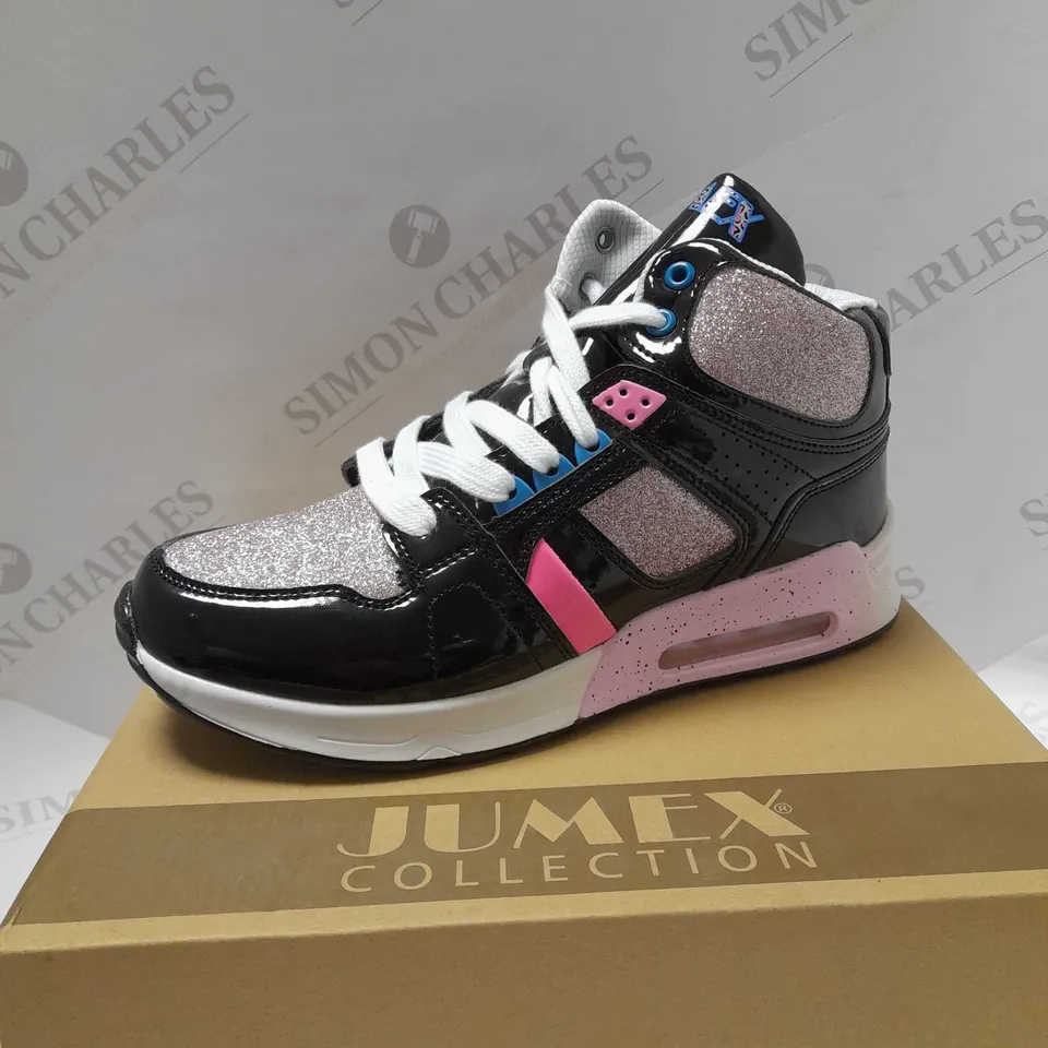 JUMEX 80'S RETRO WORKOUT BLACK PATENT TRAINERS - SIZE 5