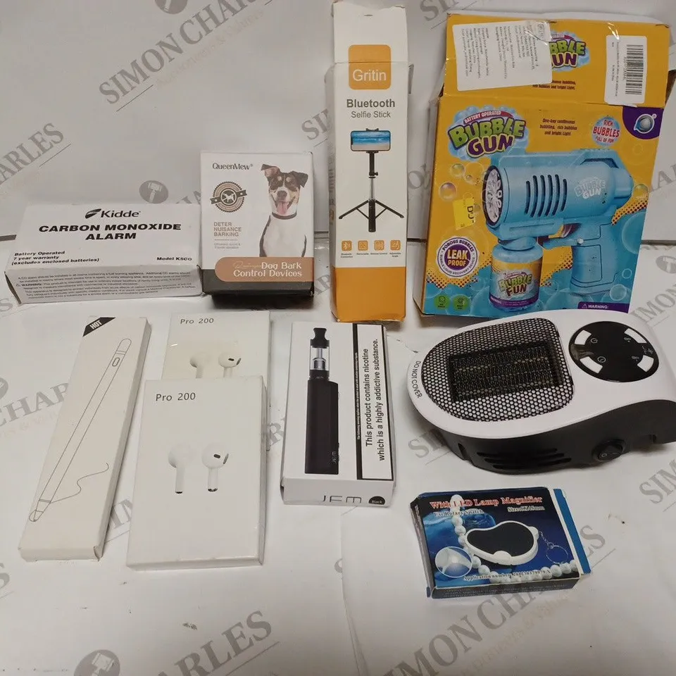 BOX OF APPROXIMATELY 10 ASSORTED HOUSEHOLD & ELECTRICAL PRODUCTS TO INCLUDE BLUETOOTH SELFIE, CARBON MONOXIDE ALARM, PRO 200 WIRELESS EARPHONES ETC