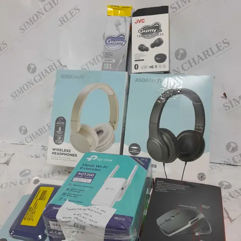 BOX OF APPROXIMATELY 20 ASSORTED ITEMS TO INCLUDE HEADPHONES, WIRELESS MOUSE, TP LINK ETC