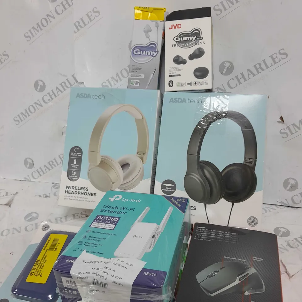 BOX OF APPROXIMATELY 20 ASSORTED ITEMS TO INCLUDE HEADPHONES, WIRELESS MOUSE, TP LINK ETC