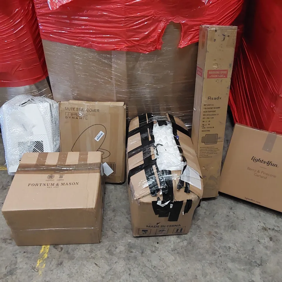 PALLET OF ASSORTED ITEMS INCLUDING: DECORATIVE LIGHTS, PET MAT, CHAIR MAT, DEHUMIDIFIER, ARTIFICIAL PLANTS, TOILET SEAT COVER