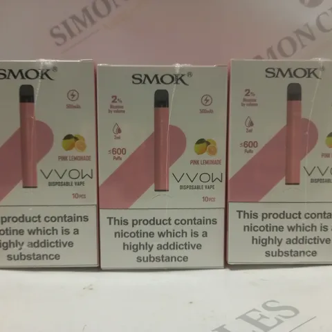 BOX OF APPROX 30 SMOK 2% VVOW PINK LEMONADE DISPOSABLE VAPES