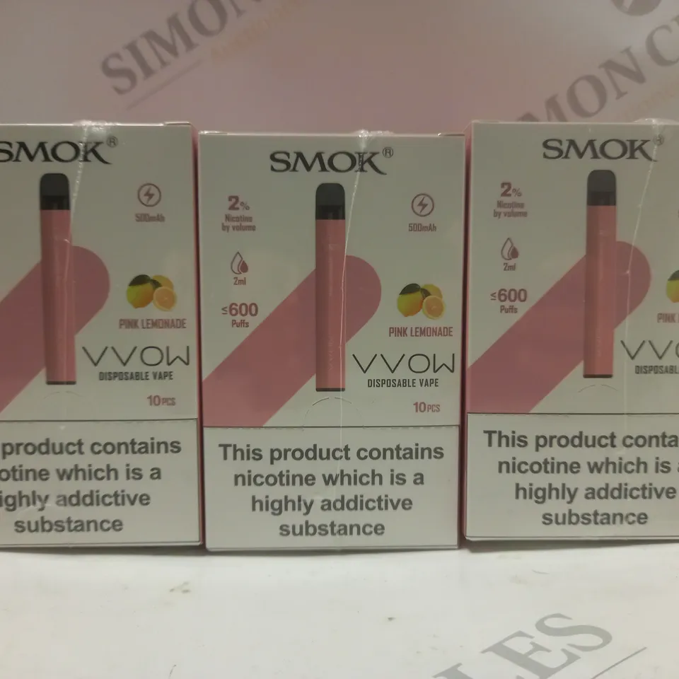 BOX OF APPROX 30 SMOK 2% VVOW PINK LEMONADE DISPOSABLE VAPES	