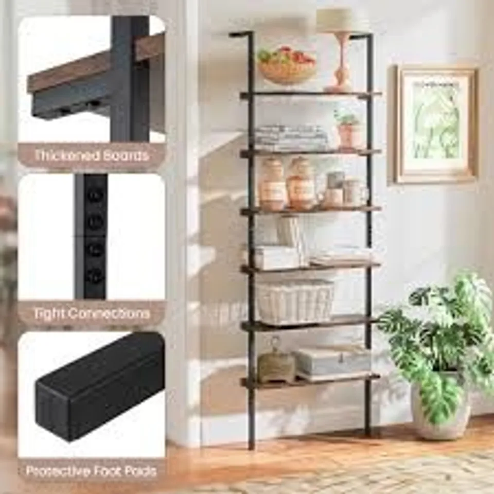 BOXED 6-TIER LADDER SHELF WALL MOUNTED BOOKSHELF.