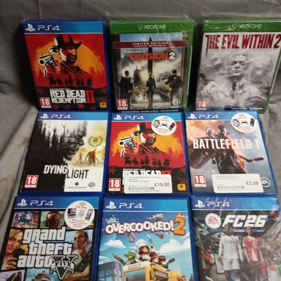 9 X ASSORTED VIDEO GAMES TO INCLUDE RED DEAD REDEMPTION 2, FC 26, BATTLEFIELD 1 ETC 