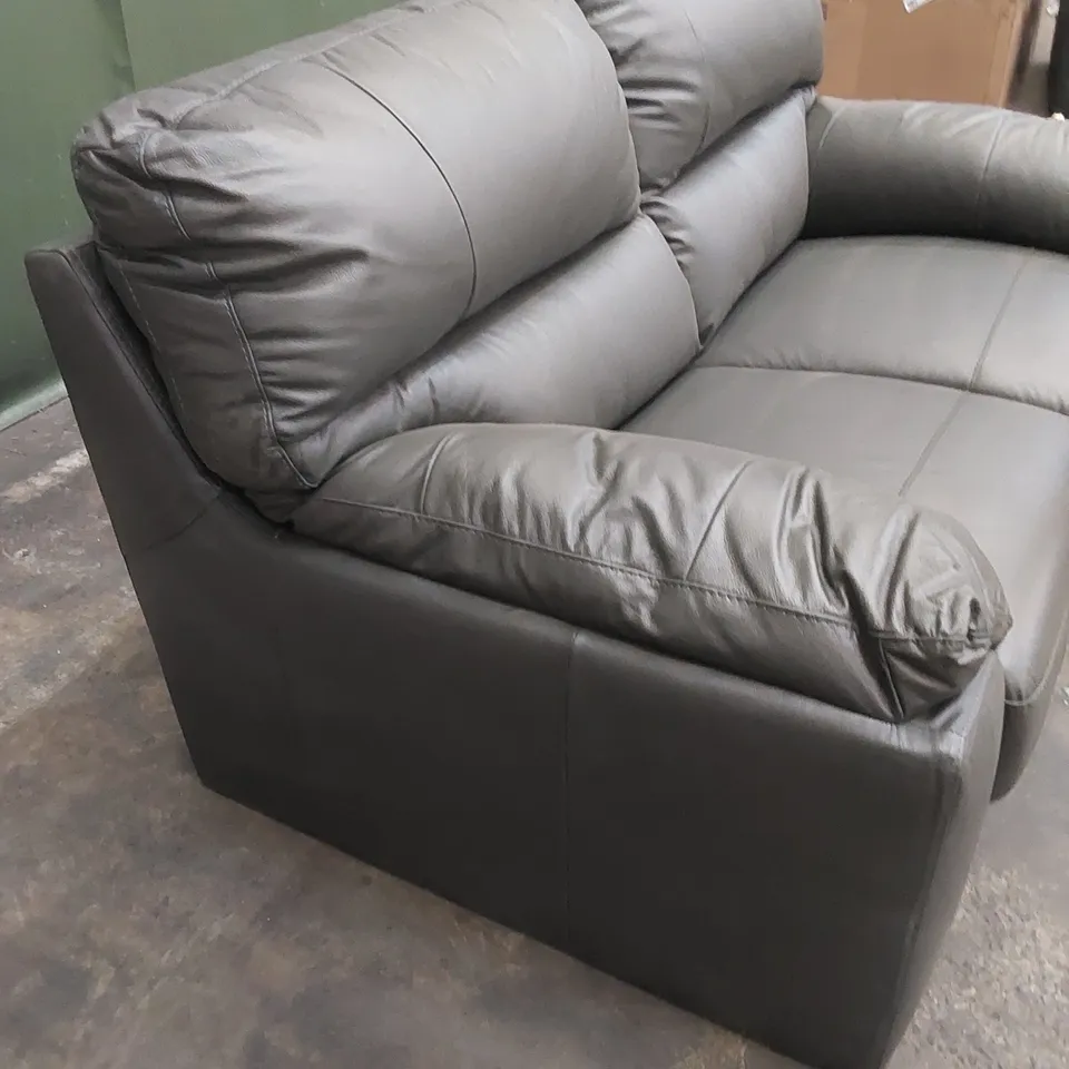 DESIGNER 2 SEATER FAUX GREY LEATHER UPHOLSTERED SOFA