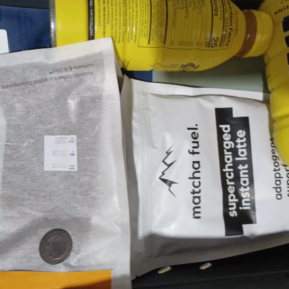 APPROXIMATELY 10 ASSORTED FOOD & DRINK ITEMS TO INCLUDE PRIME DODGERS DRINK, PACT COFFEE, VOLCANO COFFEE, ETC