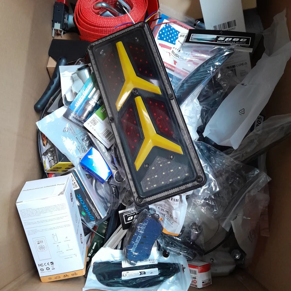 LARGE BOX OF ASSORTED CAR ITEMS TO INCLUDE - TRAILER LIGHT- TOOLS - BOLTS - SPARK PLUGS - COLLECTION ONLY 