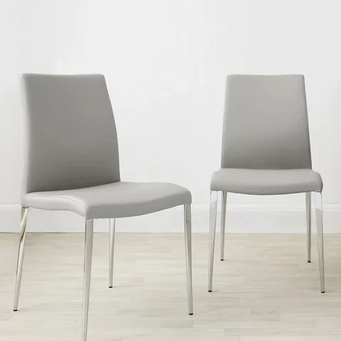 BOXED PAIR OF DANETTI ELISE LIGHT GREY FAUX LEATHER AND CHROME DINING CHAIRS (1 BOX)