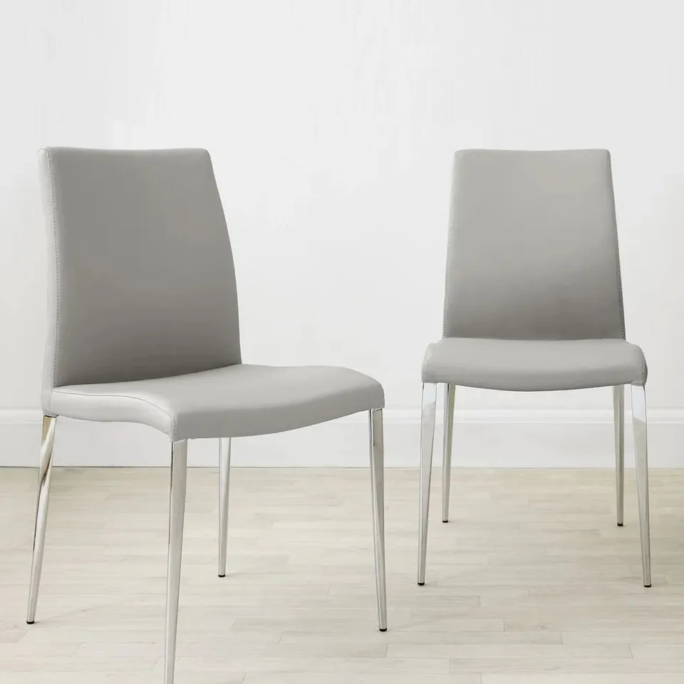 BOXED PAIR OF DANETTI ELISE LIGHT GREY FAUX LEATHER AND CHROME DINING CHAIRS (1 BOX)