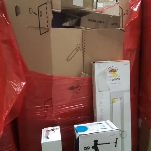 PALLET OF ASSORTED HOUSEHOLD GOODS AND PRODUCTS TO INCLUDE;SCOOTER,RESISTANCE BANDS,PET DOOR GLASS PATIO