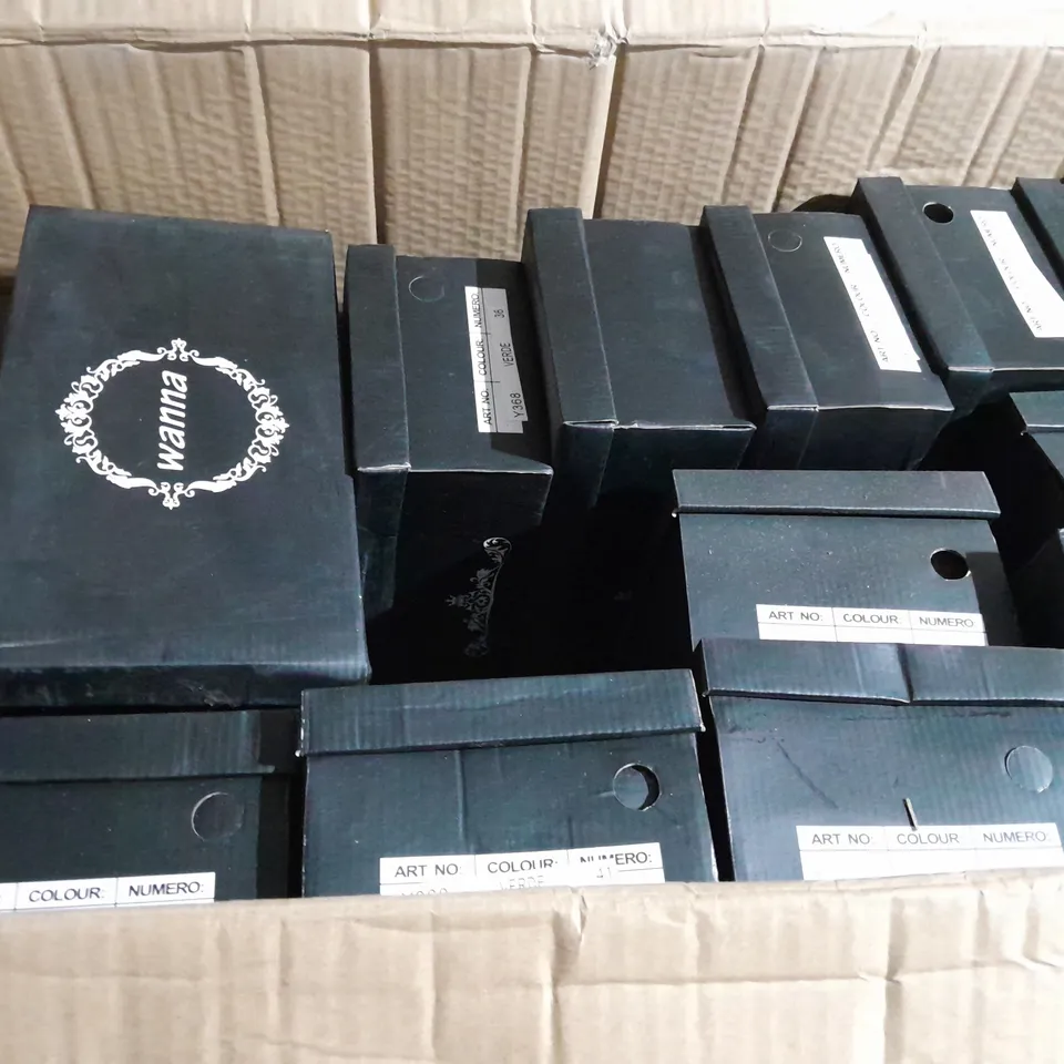 APPROXIMATELY 15 BOXED PAIRS OF WANNA THICK SOLED OPEN TOE WEDGE SANDALS GREEN VARIOUS SIZES 