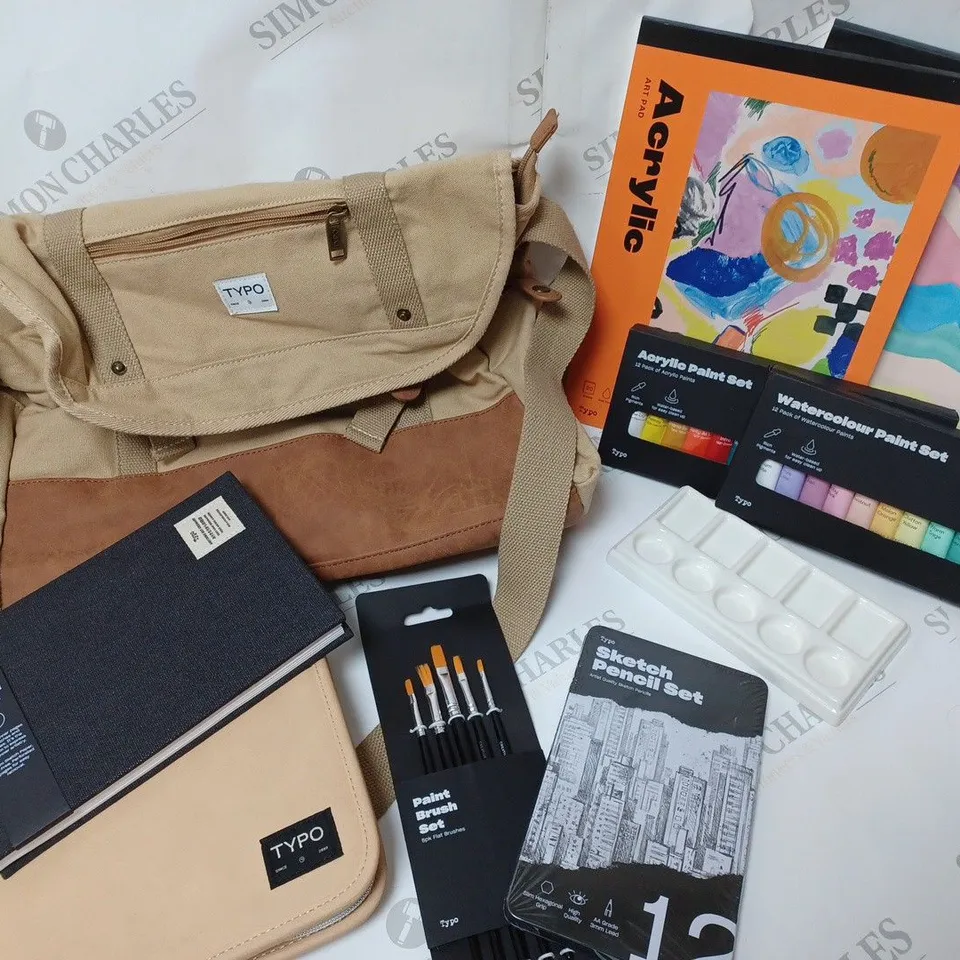 APPROXIMATELY 9 COTTON ON ITEMS INCLUDING TYPO SIDE BAG, WATERCOLOUR AND ACRYLIC PAINTS, A5 ART BOOK
