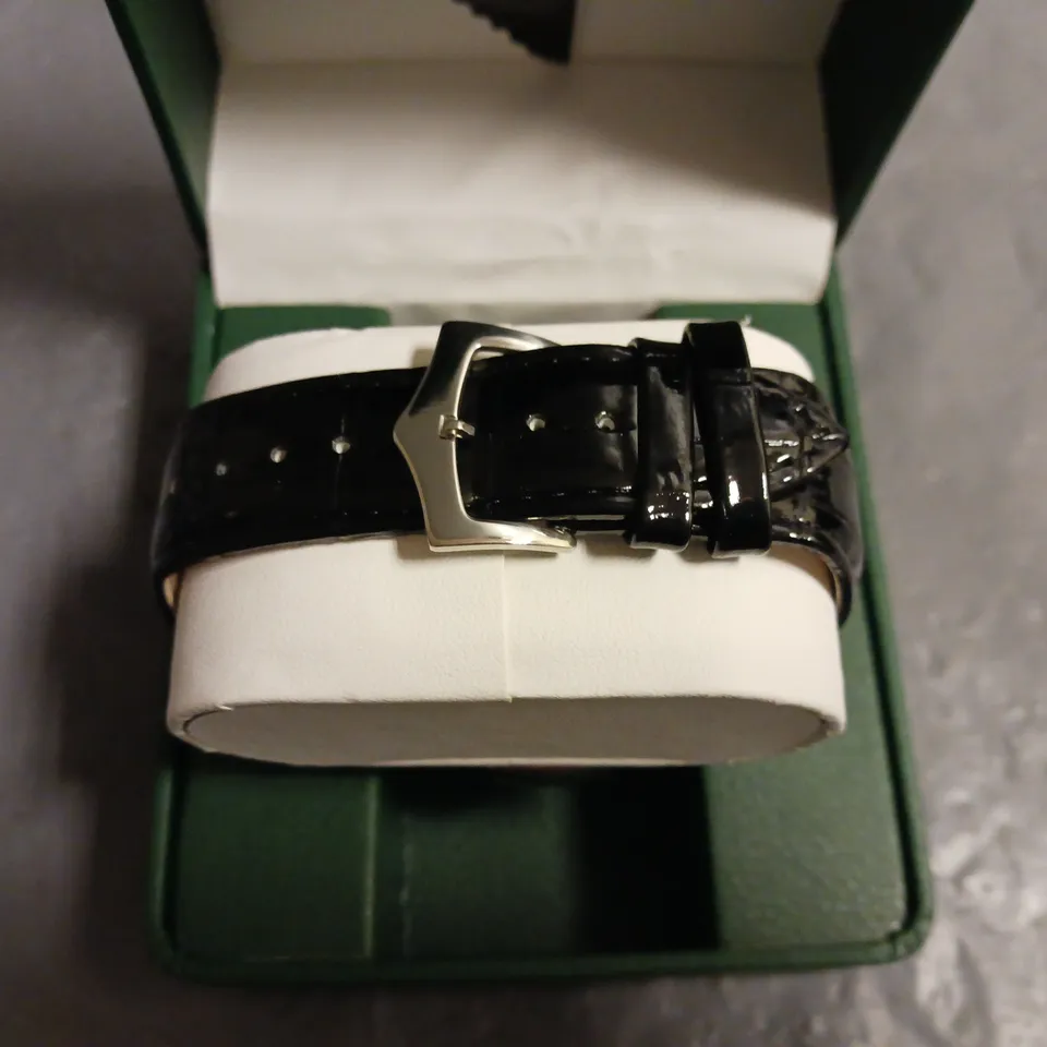 FRANK SCHMIDT GREEN DIAL GENTS WATCH WITH STAINLESS STEEL BACKCASE AND BLACK LEATHER STRAP IN BOX