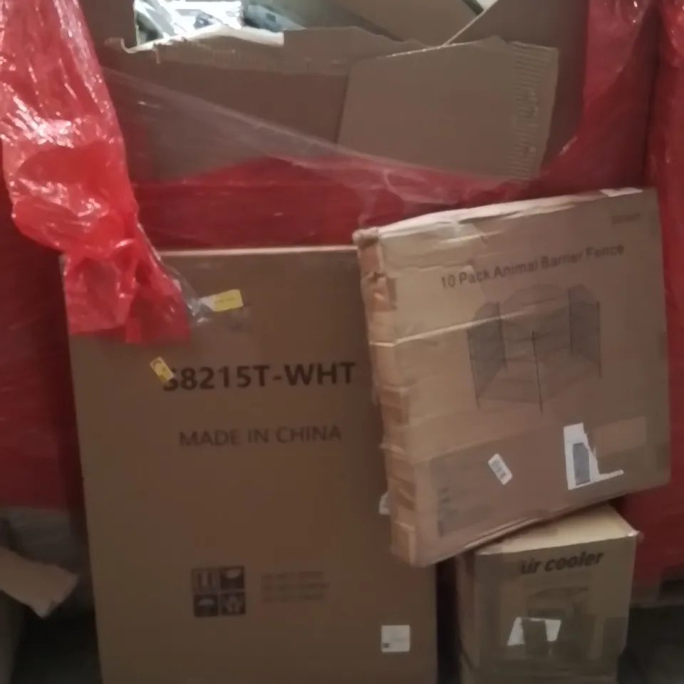 PALLET OF ASSORTED HOUSEHOLD GOODS AND PRODUCTS TO INCLUDE;AIR COOLER,ANIMAL FENCE,WHITEBOARD