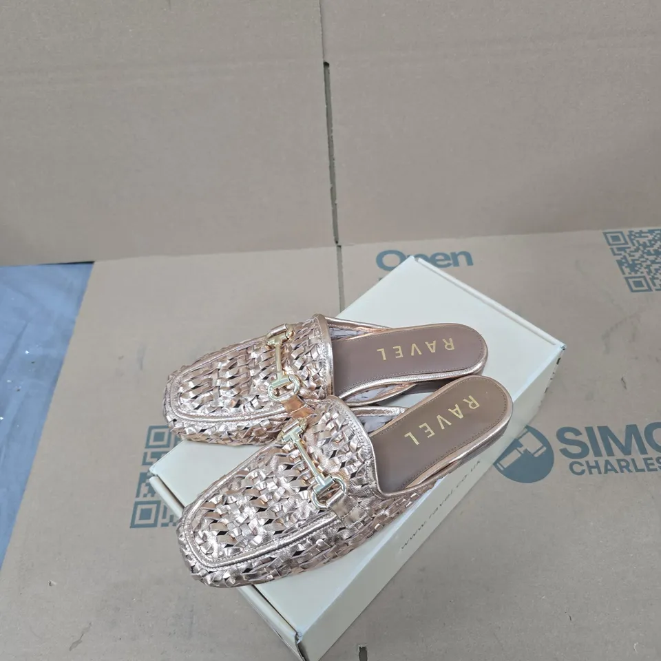 RAVEL ROSE GOLD LEATHER WOVEN SLIP-ON SANDALS – UK 5 (EUR 38) – BOXED