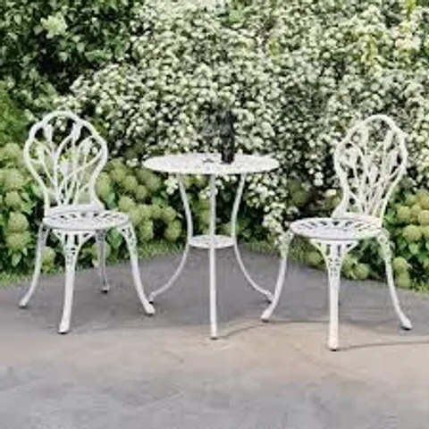 BOXED CHARLES BENTLEY CAST ALUMINIUM TULIP BISTRO TABLE AND 2 CHAIRS SET - WHITE (1 BOX)