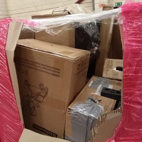 PALLET OF ASSORTED HOUSEHOLD GOODS AND PRODUCTS TO INCLUDE; STROLLER, AIR COOLER, BOXED FURNITURE ETC