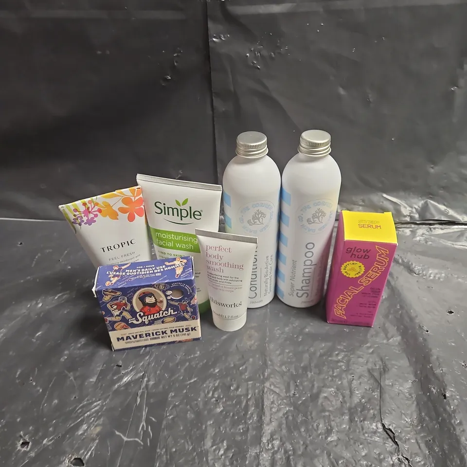 APPROXIMATEY 20 ASSORTED HEALTH AND BEAUTY PRODUCTS TO INCLUDE - TROPIC DEODORANT CREAM - DR SQUATCH SOAP - GLOW HUB FACIAL SERUM - ETC