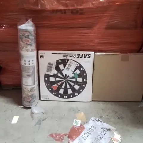 PALLET OF ASSORTED HOUSEHOLD GOODS AND PRODUCTS TO INCLUDE;SOFT TIP DARTBOARD,AREA RUG,CLOCK