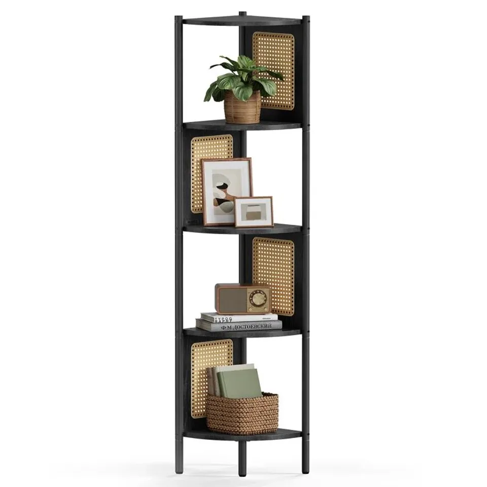 BOXED 5-TIER CORNER SHELF, BOOKSHELF WITH POLYRATTAN SIDES (1 BOX)