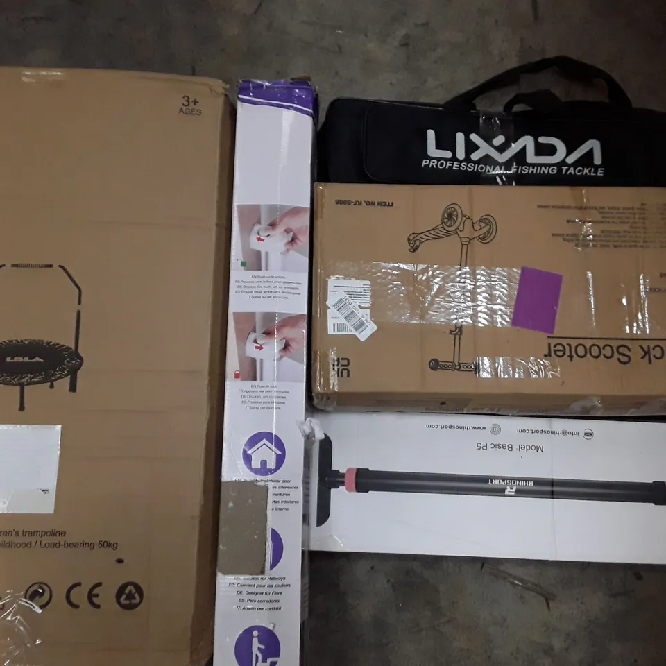 PALLET TO CONTAIN AN ASSORTMENT OF HOUSEHOLD ITEMS TO INCLUDE KIDS TRAMPOLINE, KIDS SCOOTER, RETRACTABLE BABY GATES AND PULL UP BAR ECT 