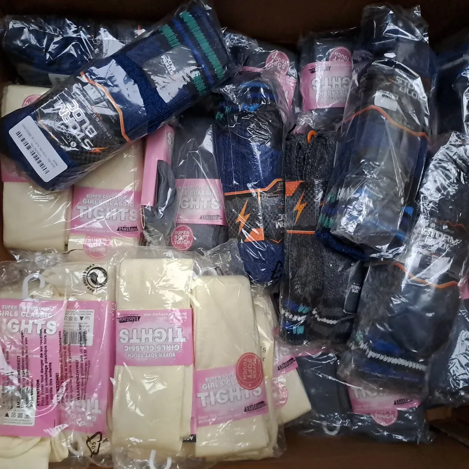 BOX OF APPROXIMATELY 20 PACKS OF SOCKS AND TIGHTS - SIZES VARY