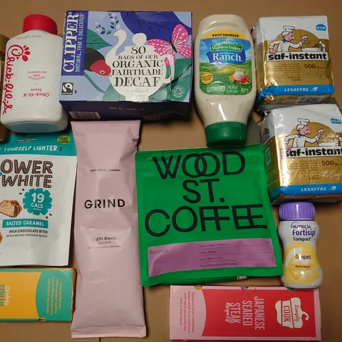 LOT OF 12 ASSORTED FOOD ITEMS TO INCLUDE WOOD ST COFFEE, CLIPPER TEABAGS AND CHICK-FIL-A SAUCE