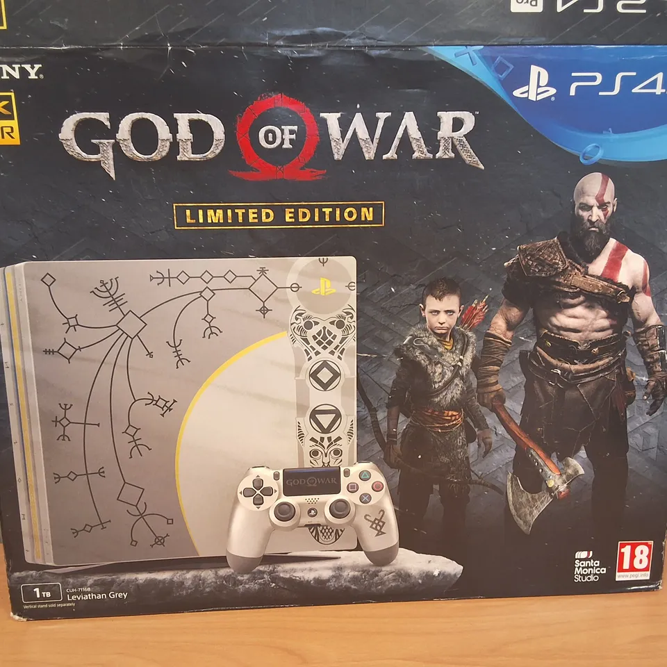 BOXED PLAYSTATION 4 PRO GOD OF WAR LIMITED EDITION 1TB CONSOLE IN GREY WITH 2 GAMES - CUH-7116B