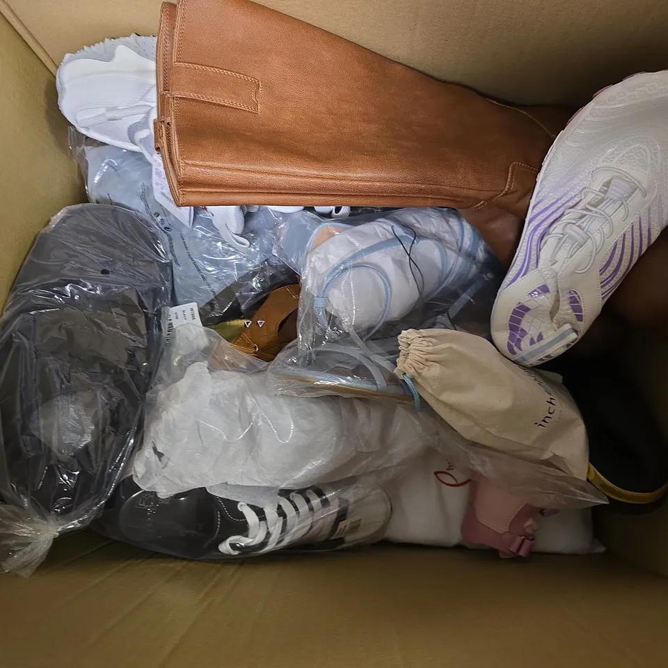 BOX OF APPROXIMATELY 7 PAIRS OF ASSORTED SHOES IN VARIOUS COLOUR, STYLES AND SIZES