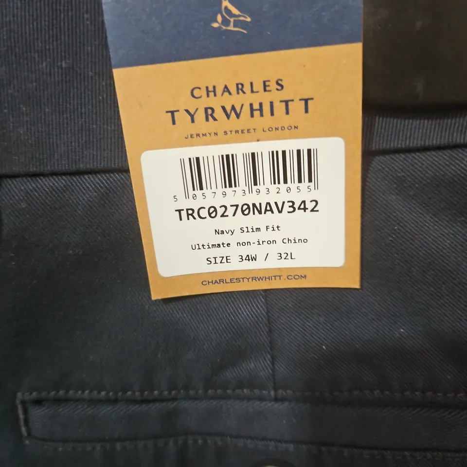 CHARLES TYRWHITT NAVY SLIM FIT ULTIMATE NON-IRON CHINOS – SIZE 34W / 32L
