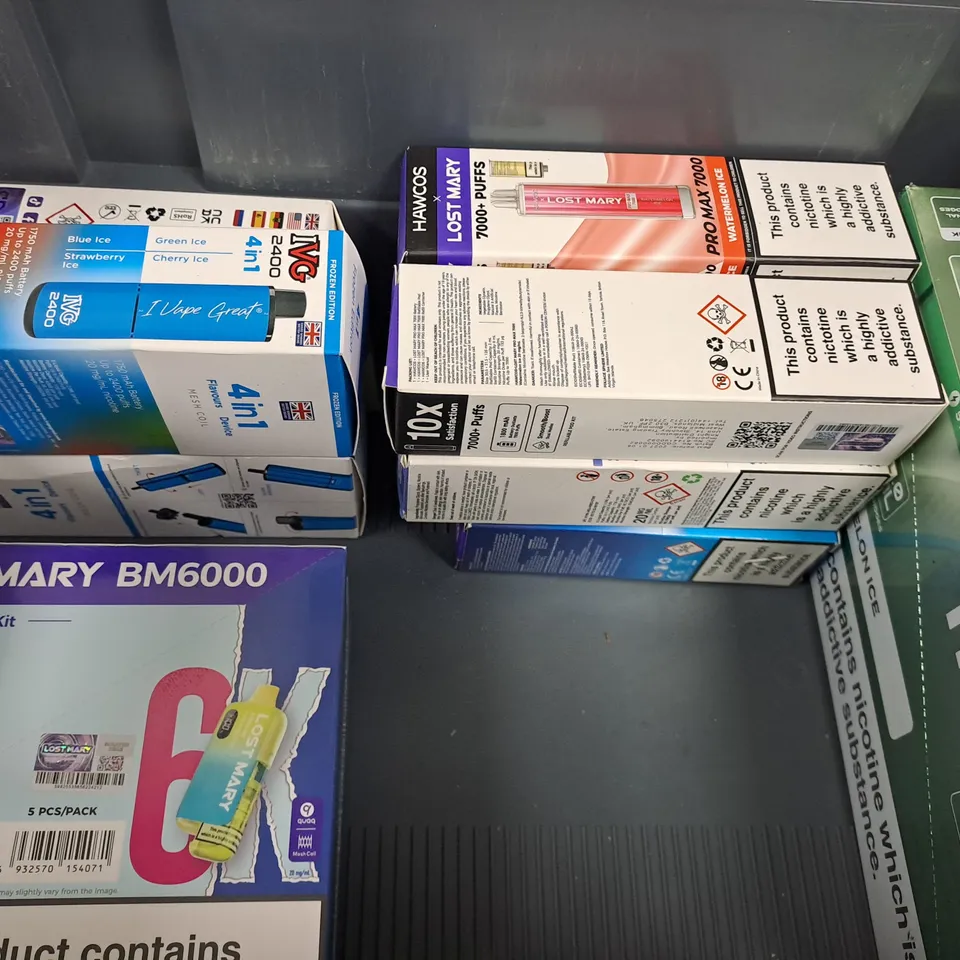 APPROXIMATELY 10 ASSORTED E-CIGARETTE AND VAPE ITEMS TO INCLUDE IVG, LOST MARY, BLOODY BAR CRYSTAL, ETC