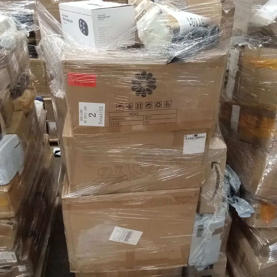 PALLET OF ASSORTED FURNITURE, HOUSEHOLD GOODS & PRODUCTS TO INCLUDE; MASSAGE GUN, GAMING RACING WHEEL AND PEDAL SETUP ETC 
