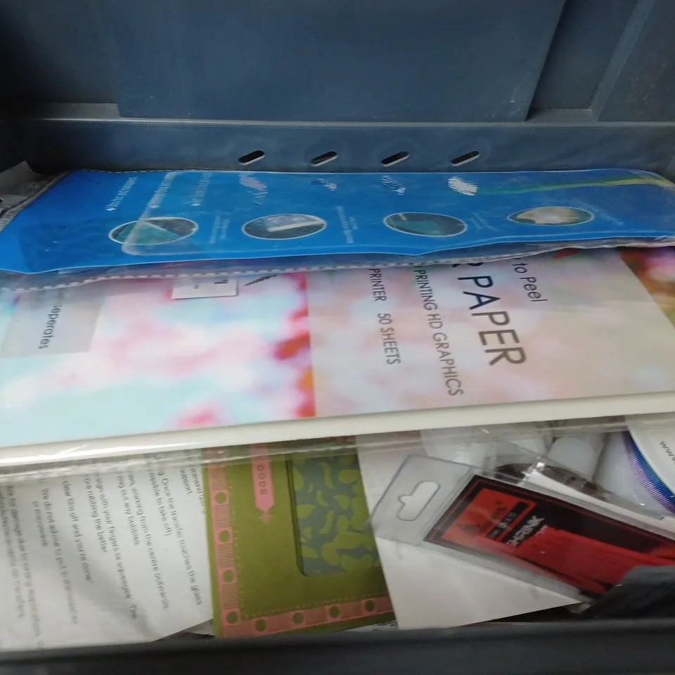 BOX OF APPROXIMATELY 15 ASSORTED ITEMS TO INCLUDE -  EPRA MATTE STICKER PAPER , MAPESIL AC , SQUARE AIR FRYER LINERS ETC