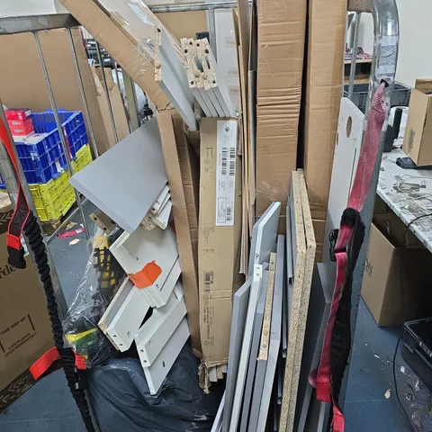 ASSORTED SHELVING COMPONENTS AND FLAT-PACK FURNITURE PANELS & FITTINGS BROKEN ITEMS A FULL CAGE FULL.