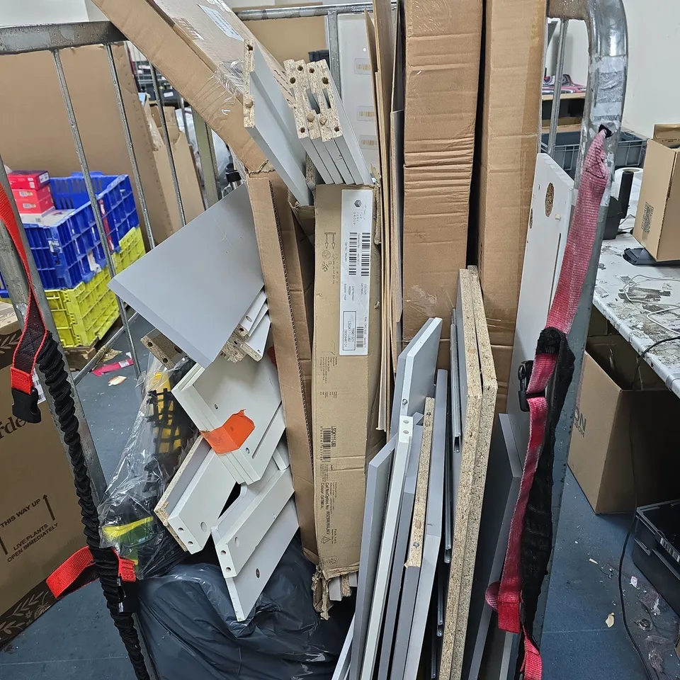 ASSORTED SHELVING COMPONENTS AND FLAT-PACK FURNITURE PANELS & FITTINGS BROKEN ITEMS A FULL CAGE FULL.