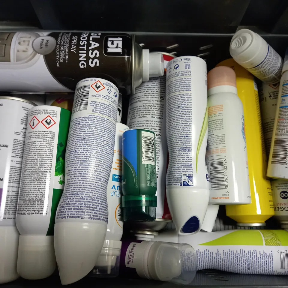 BOX OF APPROX 20 ASSORTED AEROSOLS INCLUDING SURE 72HR ANTI PERSPIRANT, MITCHUM TRIPLE ODOR DEFENSE AND 1001 CARPET FRESH - COLLECTION ONLY