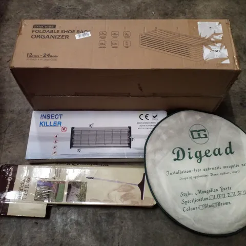 PALLET CONTAINING ASSORTED PRODUCTS INCLUDING FOLDABLE SHOE RACK ORGANIZER, INSECT KILLER, ARTIFICIAL TURF RAKE & AUTOMATIC MOSQUITO NETS