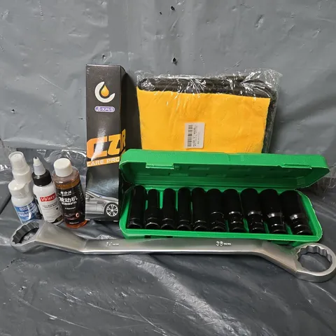 APPROXIMATELY 12 ASSORTED VEHICLE PARTS & ACCESORIES TO INCLUDE SOCKET SET, CAR CLEANER. IRON POWDER REMOVER, ETC