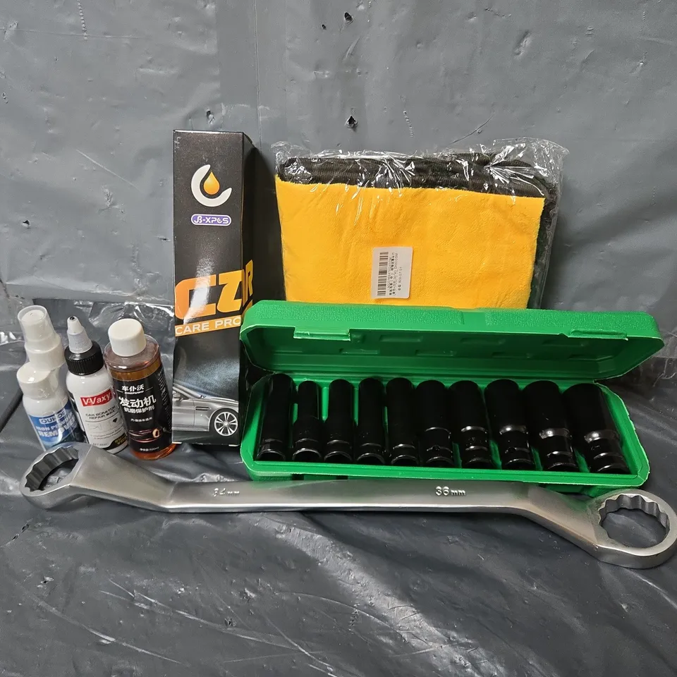 APPROXIMATELY 12 ASSORTED VEHICLE PARTS & ACCESORIES TO INCLUDE SOCKET SET, CAR CLEANER. IRON POWDER REMOVER, ETC