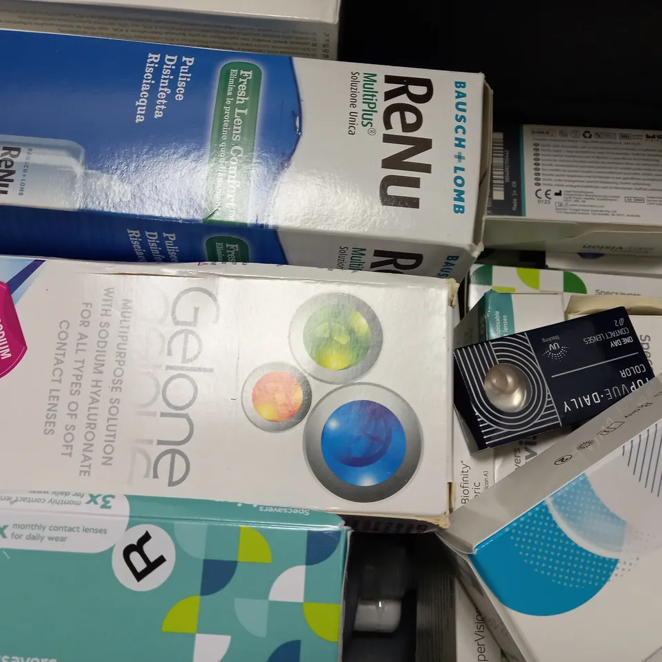 BOX OF APPROX 25 ASSORTED CONTACT LENSES AND CONTACT LENSE SOLUTIONS