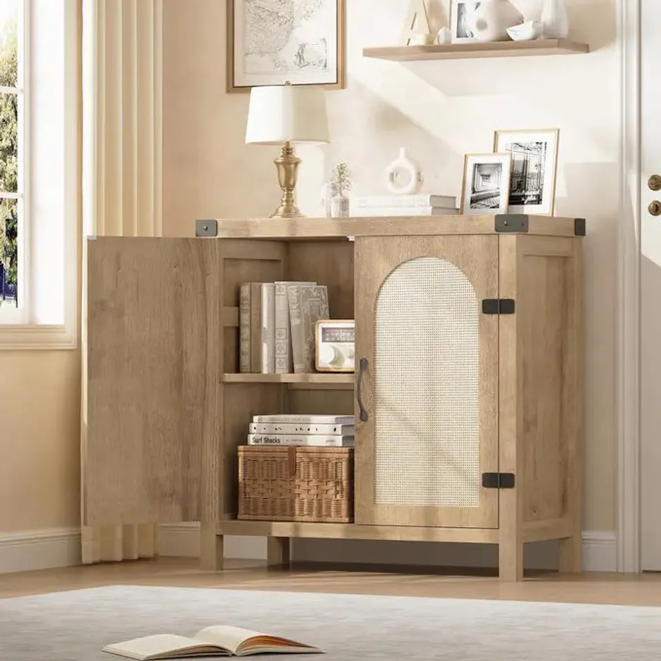 BOXED GARVEE RATTAN SIDEBOARD BUFFET CABINET NATURAL WOODEN STORAGE