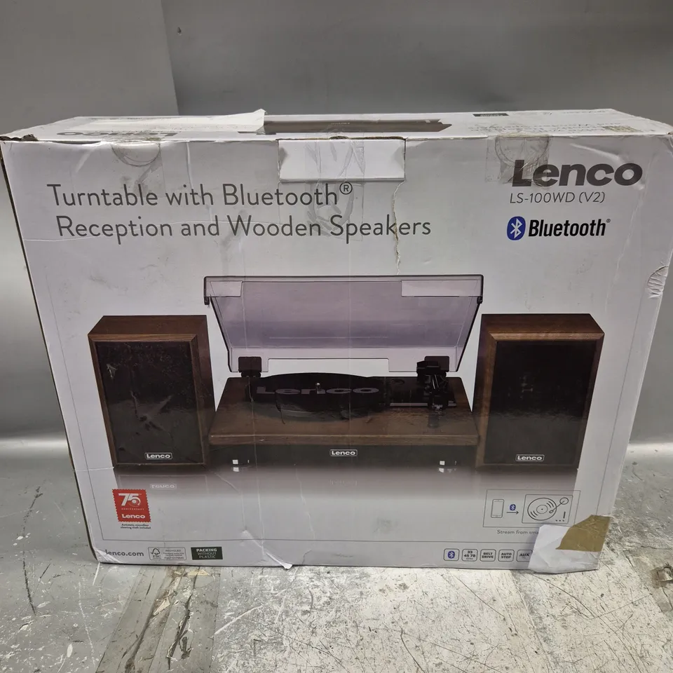 BOXED LENCO LS-100WD BELT DRIVE TURNTABLE WITH WOODEN SPEAKERS