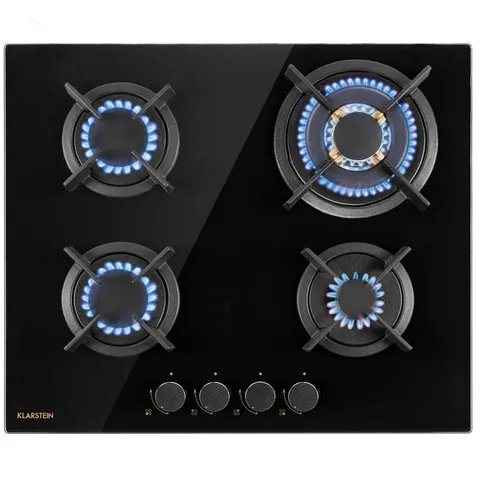 KLARSTEIN GOLDFLAME 60CM GAS HOB 4 BURNERS BLACK GLASS