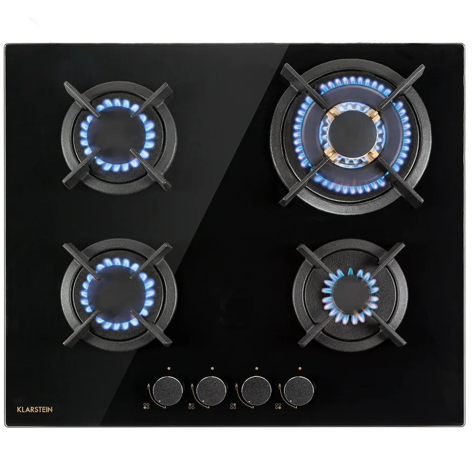 KLARSTEIN GOLDFLAME 60CM GAS HOB 4 BURNERS BLACK GLASS