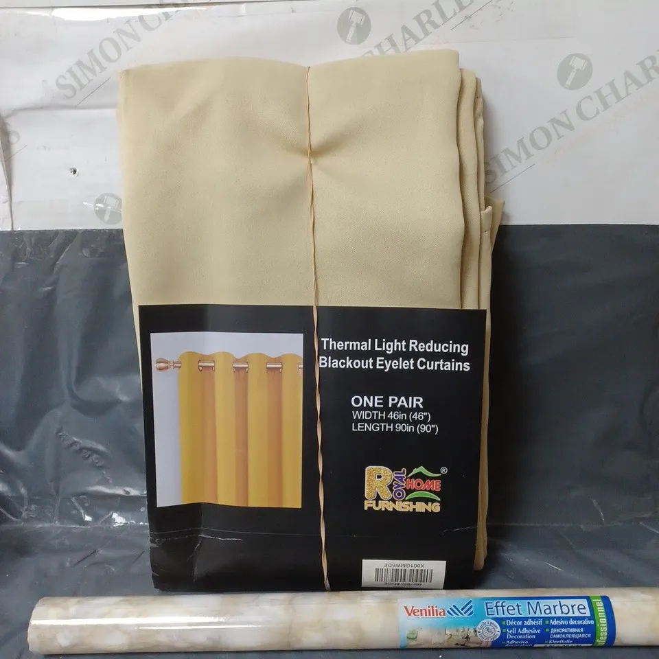 APPROXIMATELY 20 ASSORTED HOUSEHOLD ITEMS TO INCLUDE BLACKOUT CURTAINS, WALLPAPER ETC