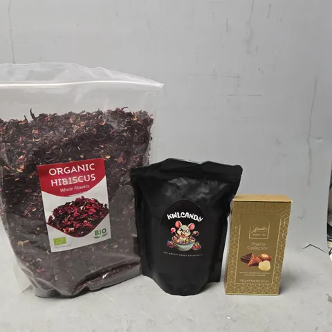 APPROXIMATELY 5 ASSORTED FOOD & DRINK ITEMS TO INCLUDE - ORGANIC HIBISCUS , PRALINE COLLECTION ETC