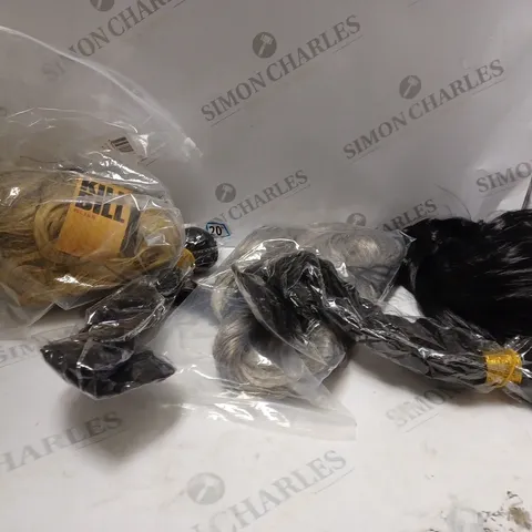 APPROXIMATELY 8 ASSORTED WIGS AND EXTENSIONS OF VARIOUS STYLES, LENGTHS AND COLOURS