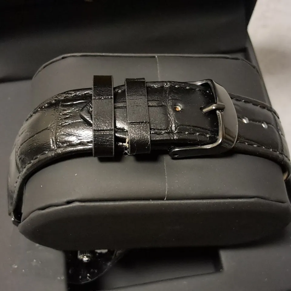 TALIS CO BLACK STAINLESS STEEL GENTS MOON PHASE WATCH WITH BLACK LEATHER STRAP